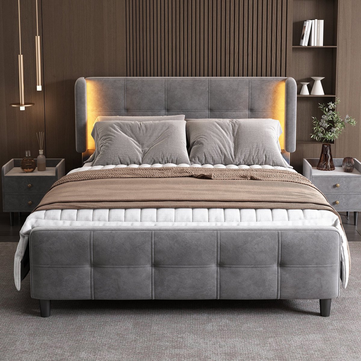 Merax Gestoffeerd Tweepersoonsbed 140x200 cm – Grijs Fluwelen Bed met LED-Verlichting – Verstelbaar Hoofdbord – Inclusief Lattenbodem
