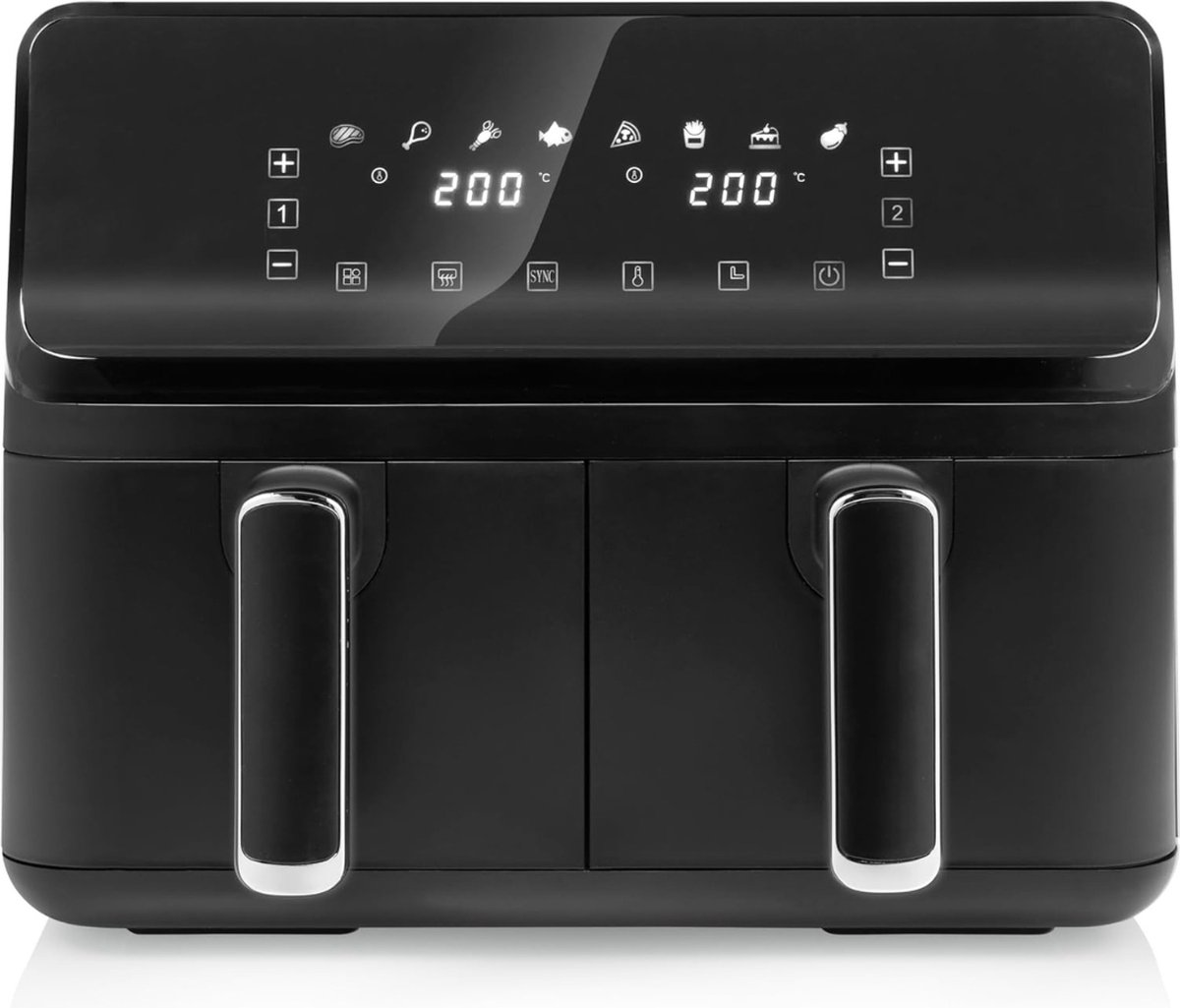 Dubbele Mand Airfryer 2 x 4L 2700W 8 Voorgeprogrammeerde Instellingen Individuele Temperatuurinstelling per Mand