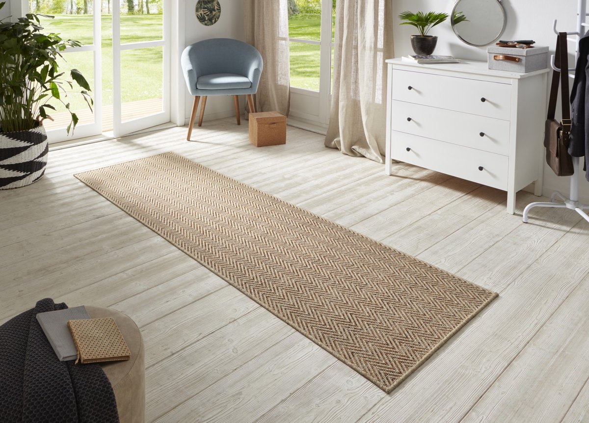 Flycarpets Loper Laagpolig Sisal Look - Geschikt voor Binnen & Buiten - Beige / Terra 80x350 cm