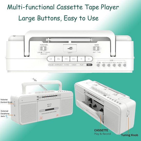 Draagbare retro cassettespeler en recorder met AM/FM/SW1-2 vierbands radio, ingebouwde luidspreker, 3,5 mm hoofdtelefoonaansluiting, ondersteuning Draagbare retro cassettespeler en recorder met AM/FM/SW1-2 vierbands radio, ingebouwde luidspreker, 3,5 mm hoofdtelefoonaansluiting, ondersteuning