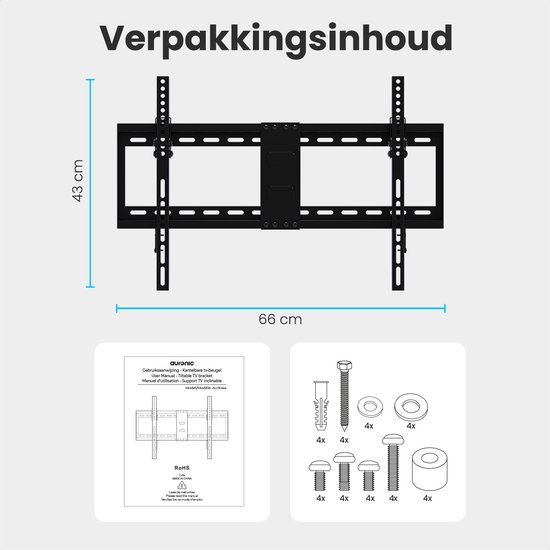 Auronic TV Beugel - 32 t/m 70 inch - TV Muurbeugel - TV Kantelbaar - Tot 60 KG - VESA 600mm x 400mm - Voor o.a. 43", 55" & 65" - Zwart