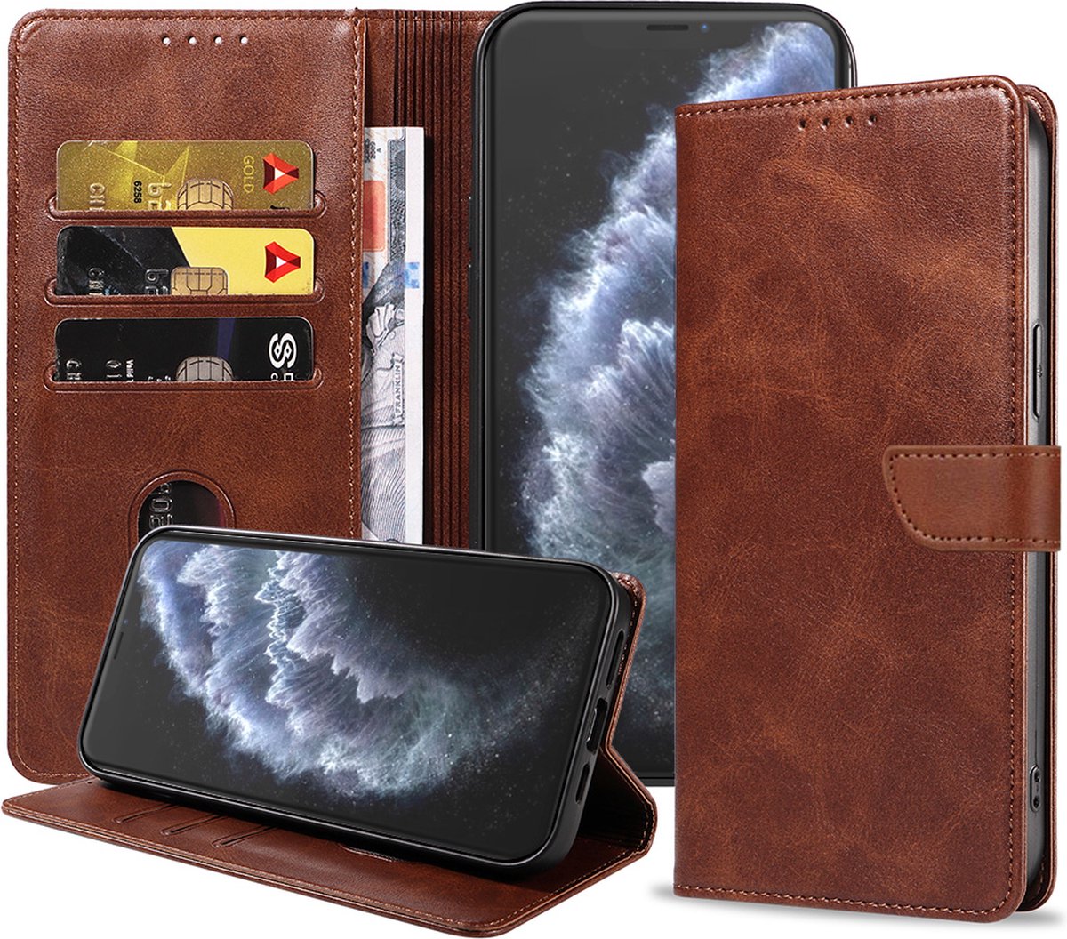 Geschikt voor iPhone 11 Pro Max Telefoonhoesje Kunstleer met Magnetisch lipje en Pasjeshouder Book Case met Klepje - Donkerbruin - Smartphonica geschikt voor iPhone 11 Pro Max