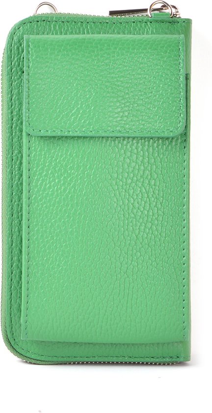 Portefeuille/sac pour téléphone portable Giuliano Evalia - Vert vif - Fermeture éclair argentée - Made in Italy