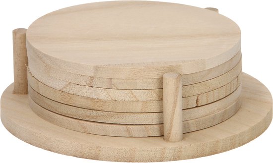 Houten onderzetters set van 6 in houder