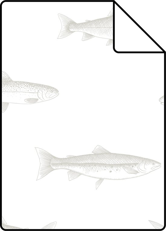 Proefstaal ESTAhome behang pentekening vissen wit en zilver - 26.5 x 21 cm - 138966-S
