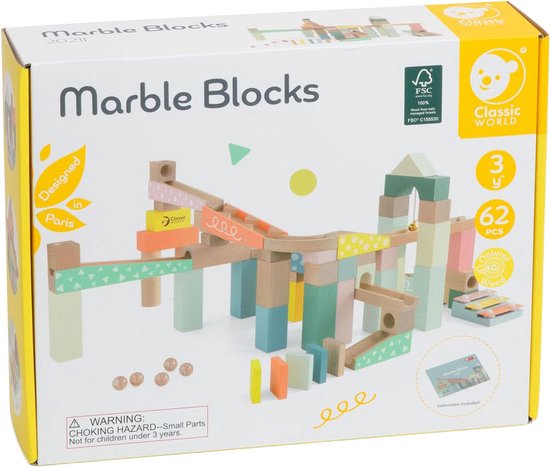 Classic World houten knikkerbaan bouwset - 62-delig educatief speelgoed.