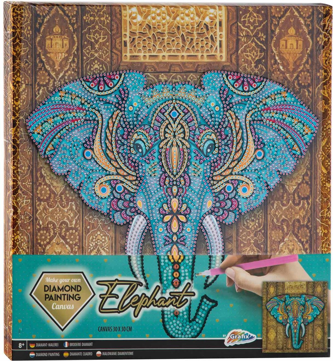 Grafix Diamond Painting Op Canvas | Olifant | Formaat 30x30cm | diamond painting pakket volledig | Thema Dieren | Diamond painting op canvas | Inclusief Diamond painting pen en schudbakje | Eindresultaat ophangen aan de muur — afbeelding 9