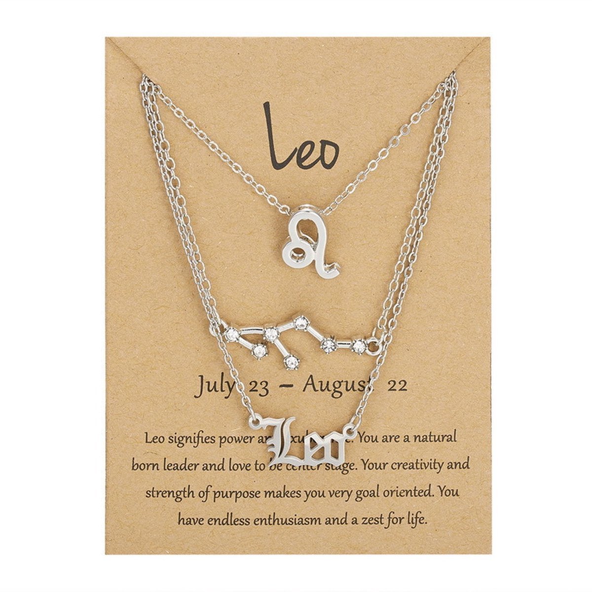 Bixorp Stars Set van 3 Leeuw / Leo Kettingen - Zilverkleurige Ketting op Cadeau Kaartje - Sterrenbeeld / Zodiac Sieraden Set