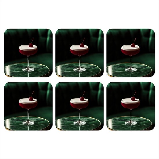 Onderzetters voor glazen - Kers - Cocktail - Rood - Marmer print - 10x10 cm - Glasonderzetters - 6 stuks