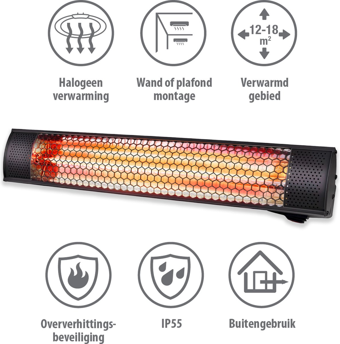 alpina Heater Terrasverwarmer met Infrarood Verwarming - Heater Elektrisch Wandmontage 2000W - Terrasverwarmer IP54 Stof- en Spuitwaterdicht - Terrasheater - 57 x 11,5 x 11 cm – foto 3