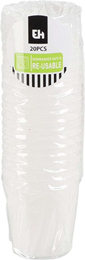 Pak van 20 transparante, herbruikbare plastic shotglaasjes.