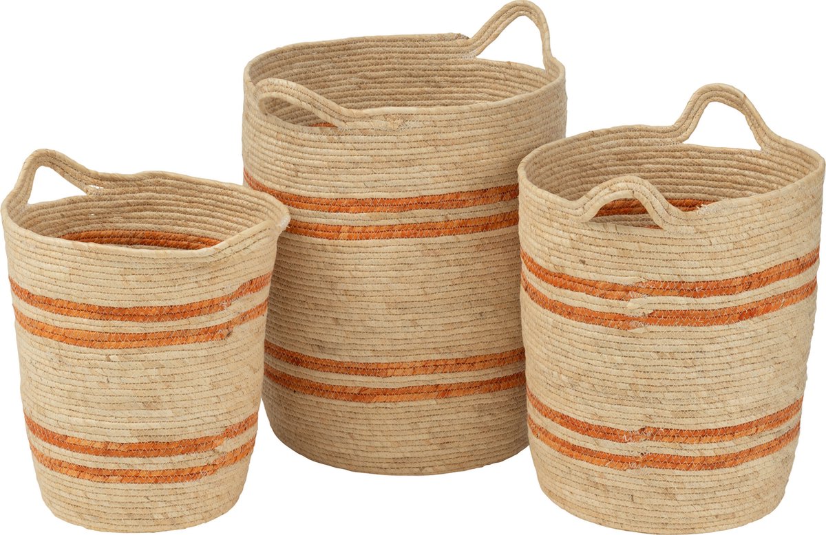 J-Line mand Strepen + Handvat - textiel - naturel/oranje - set van 3