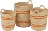 J-Line mand Strepen + Handvat - textiel - naturel/oranje - set van 3