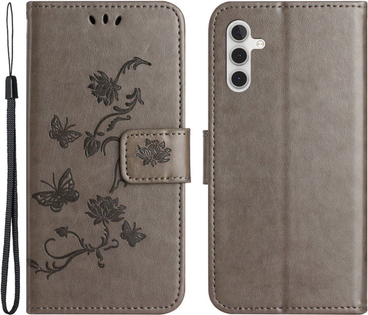Coverup Hoesje - Geschikt voor Samsung Galaxy S25 / S24 Hoesje - Coverup Bloemen & Vlinders Book Case - Taupe Grijs
