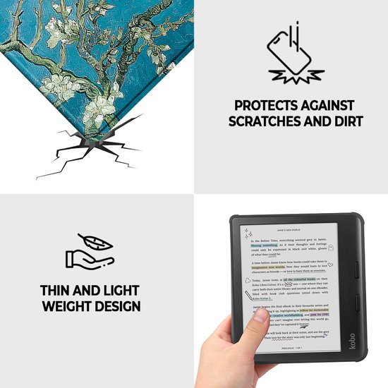 Lunso Geschikt voor Kobo Libra Colour hoes (7 inch) - sleepcover - Van Gogh Amandelbloesem van Lunso — afbeelding 3