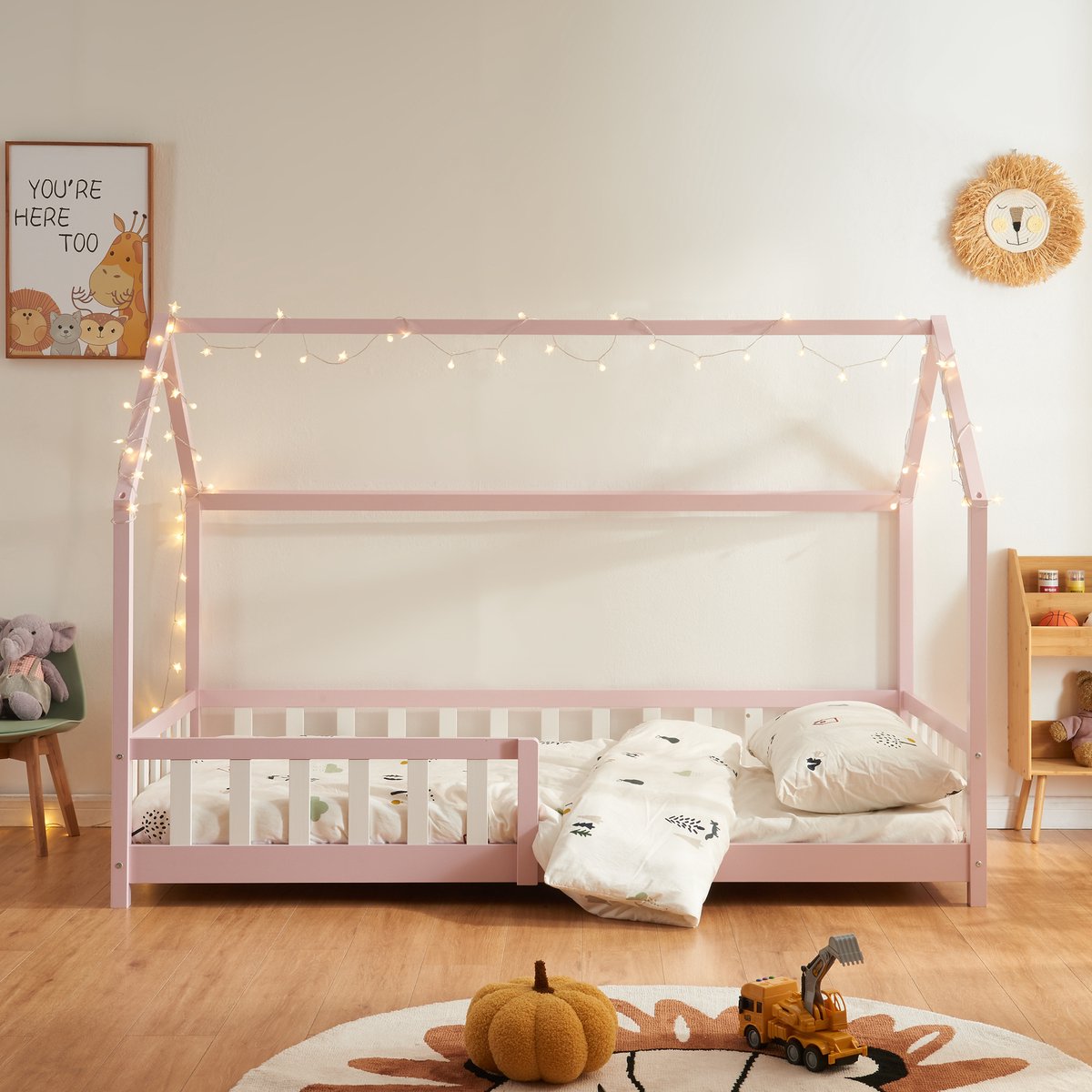 en.casa Kinderbed Hesel huisbed met matras en uitvalbeveiliging 90x200 cm roze [en.casa] [neu.haus]