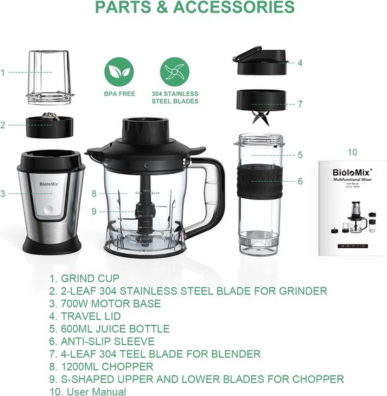 Ariqo 3-in-1 Keukenmachine - Foodprocessor - Keukenmixer - Blender - Smoothie Juicer - Draagbaar - 700W - RVS - Incl. Accessoires van Ariqo — afbeelding 5