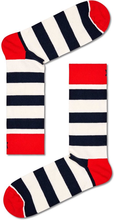 Blauw-wit horizontale strepen Happy Socks met rode boord en rode hak. "Happy" tekst op de zool.