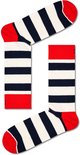 Blauw-wit horizontale strepen Happy Socks met rode boord en rode hak. "Happy" tekst op de zool.