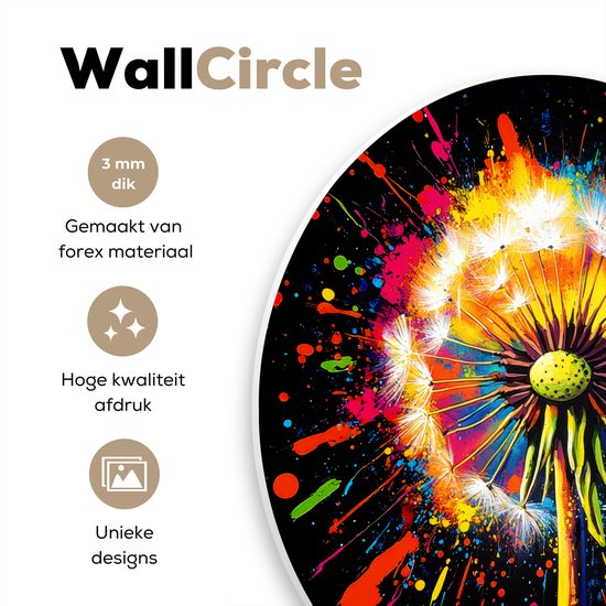 WallCircle® Wandcirkel 60x60 cm - Muurcirkel Paardenbloem - Graffiti - Kleurrijk - Bloemen - Natuur - Muurdecoratie woonkamer - Wanddecoratie slaapkamer - Kamer decoratie accessoires - Ronde schilderijen
