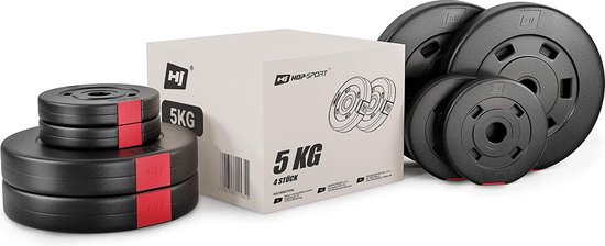 Een stapel zwarte 5kg halterschijven met rode accenten naast een doos van 5kg, 4 stuks.