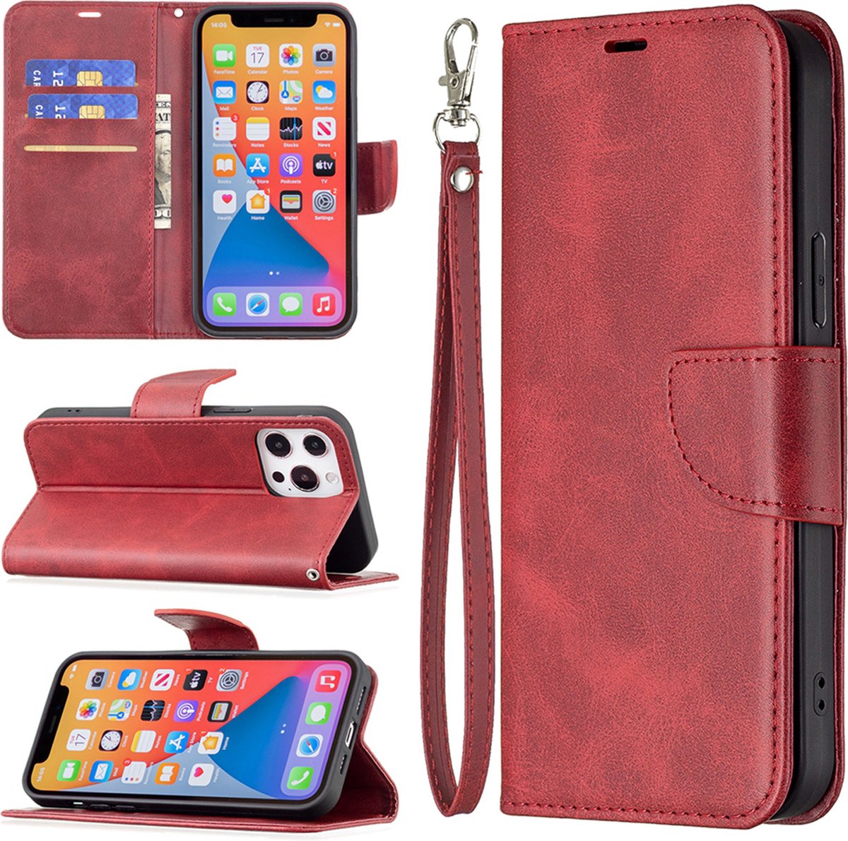 MobyDefend Hoesje - Geschikt voor iPhone 13 Pro - Wallet Book Case Met Koord - Rood