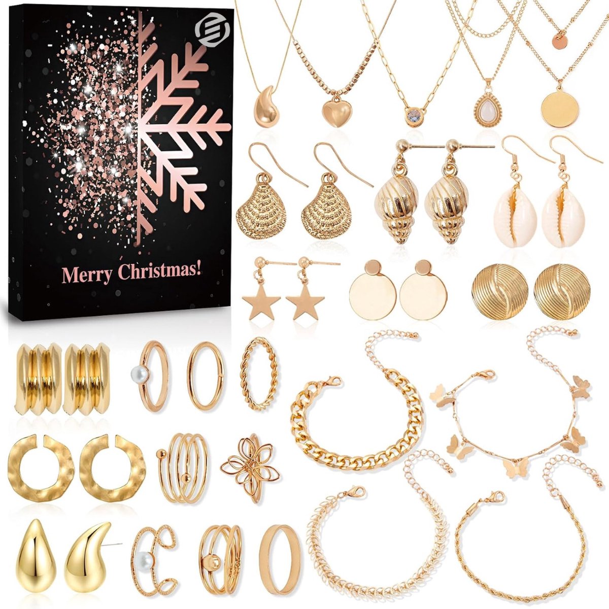Equivera Adventskalender 2024 - Sieraden Kerstkalender met 24 Verrassingen - Armband, Halsketting en Oorbellen Set - Perfect Sieradenset Cadeau voor Vrouwen, Meisjes, Tieners en Kinderen