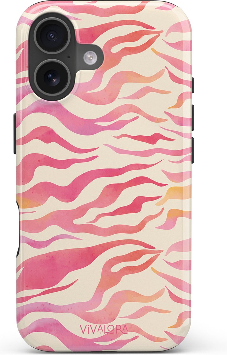 VivaLora Tough Telefoonhoesje iPhone 16 met MagSafe - Zebra Splash Print - 2-in-1 Phone Case - Hard Case & Siliconen Backcover - Extra Bescherming - Shockproof Cover - Roze Zebraprint