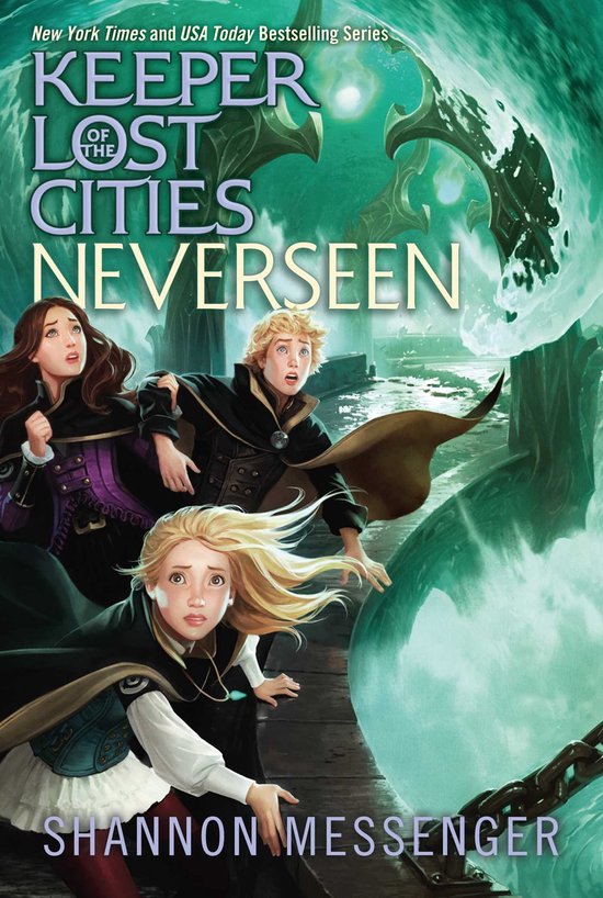 Boekomslag 'Keeper of the Lost Cities: Neverseen' met drie jonge personages die in de richting van een groene, mistige zee rennen.