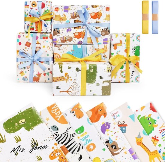Bigqin Cadeaupapier voor verjaardag, 6 vellen, 70 x 50 cm, kraftpapier
