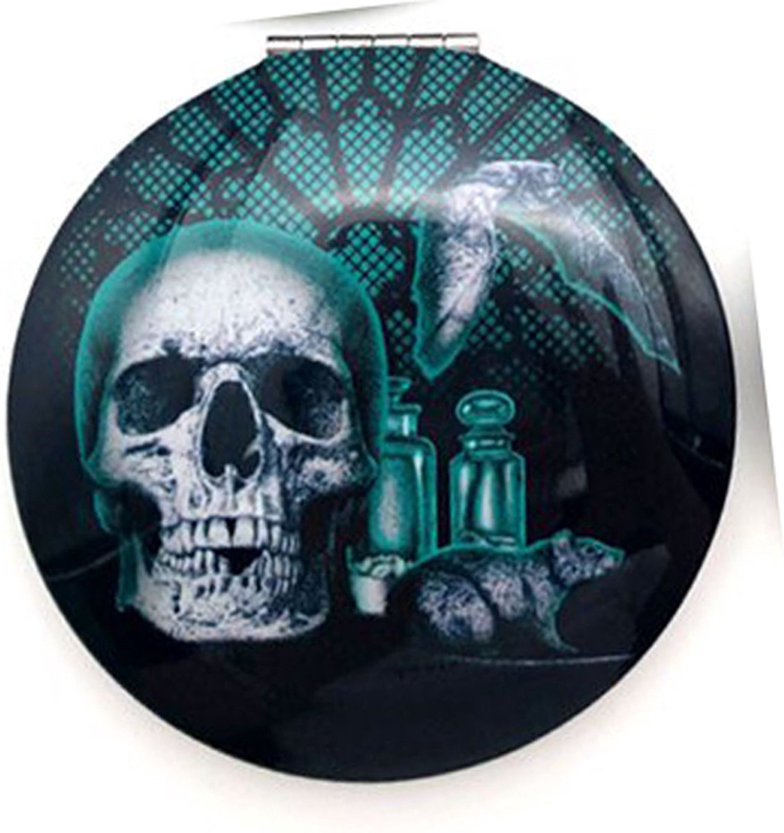 Goedkoopste Spiegeltje Make-Up Compact Klep - Gothica Skull Nocturne Groen Front - 6.5x6.5x1cm