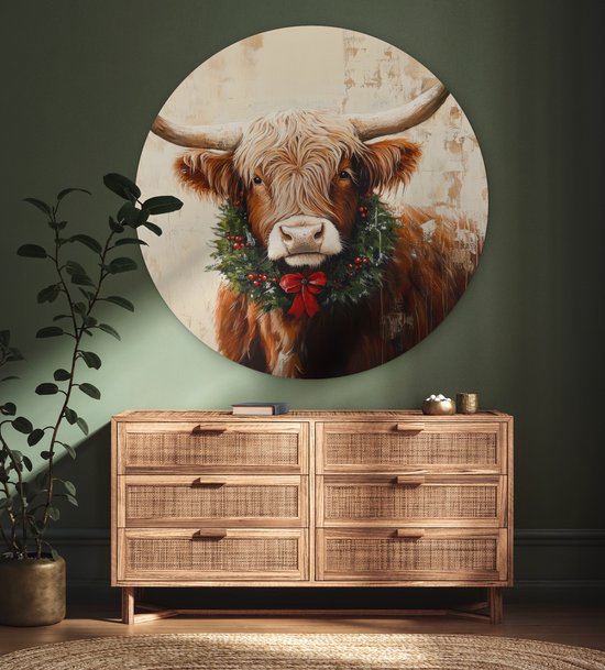 WallCircle® Cercle mural 140x140 cm - Cercle mural de Noël - Highlander écossais - Marron - Couronne - Décoration murale murale salon - Décoration murale chambre - Accessoires de décoration de chambre - Tableaux ronds