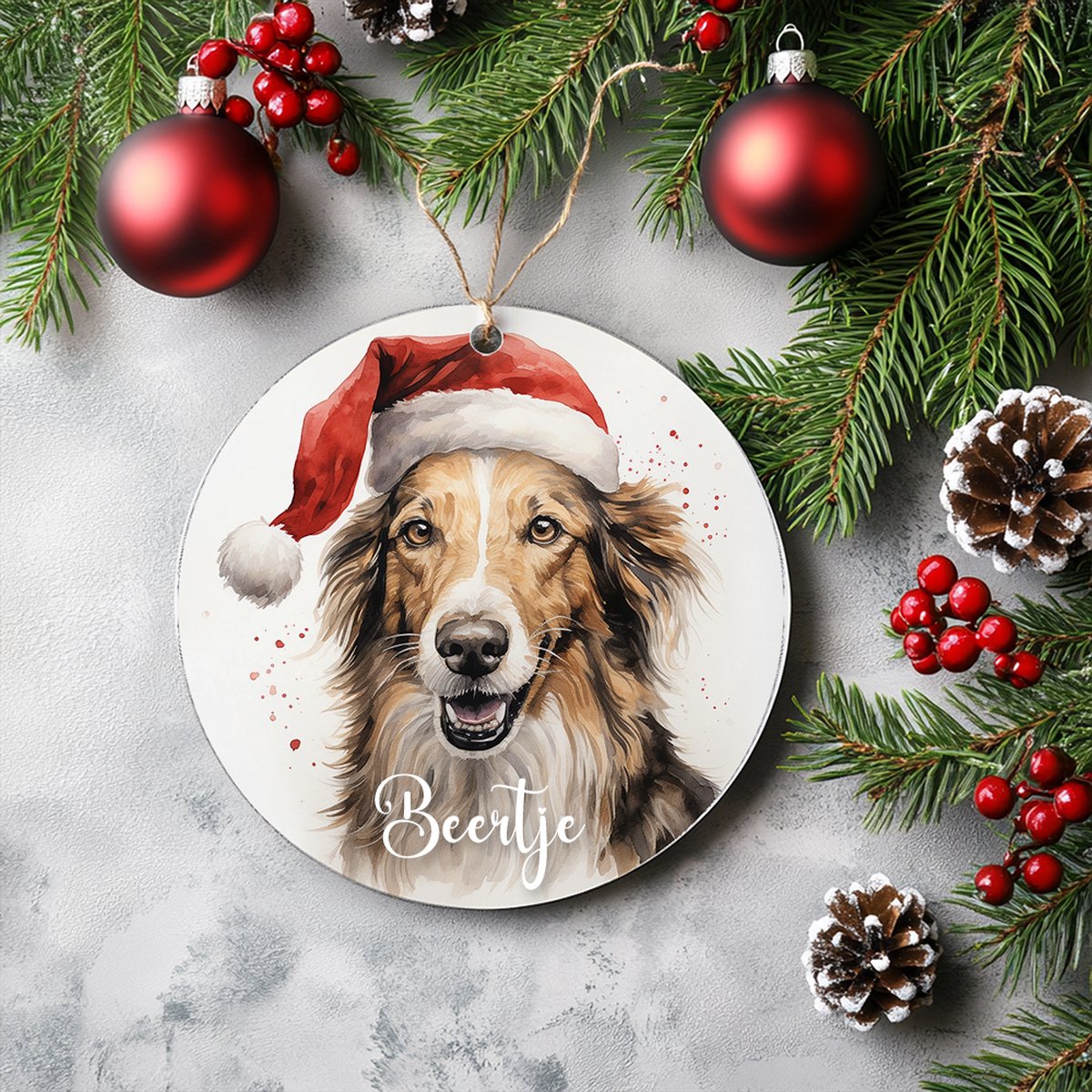 Kerstboom hanger Barzoi met naam in zilverkleurig metaal - Kerst thema.