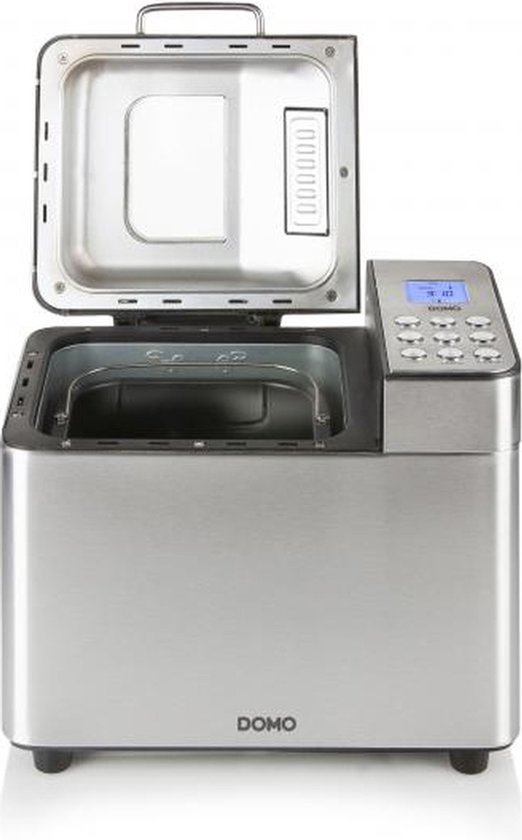 RVS broodmachine met open deksel en controlepaneel met blauw display.