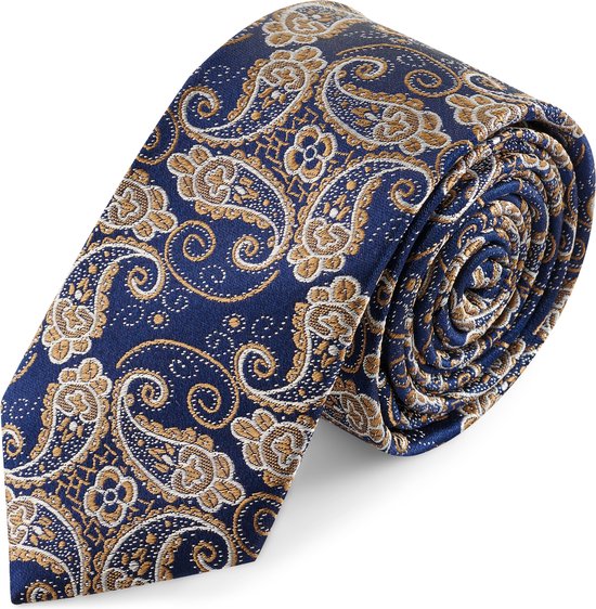 Cravate en soie à motif cachemire bleu et doré | 6 cm