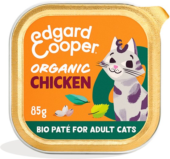 Edgard Cooper biologische kip paté voor volwassen katten, 85g. Op de verpakking een grijze kat met paarse vlekken.