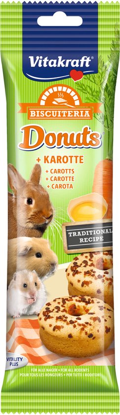 Groene verpakking Vitakraft Biscultería Donuts + Karotte. Met afbeeldingen van konijn, cavia, wortel en donuts. "Traditional Recipe".