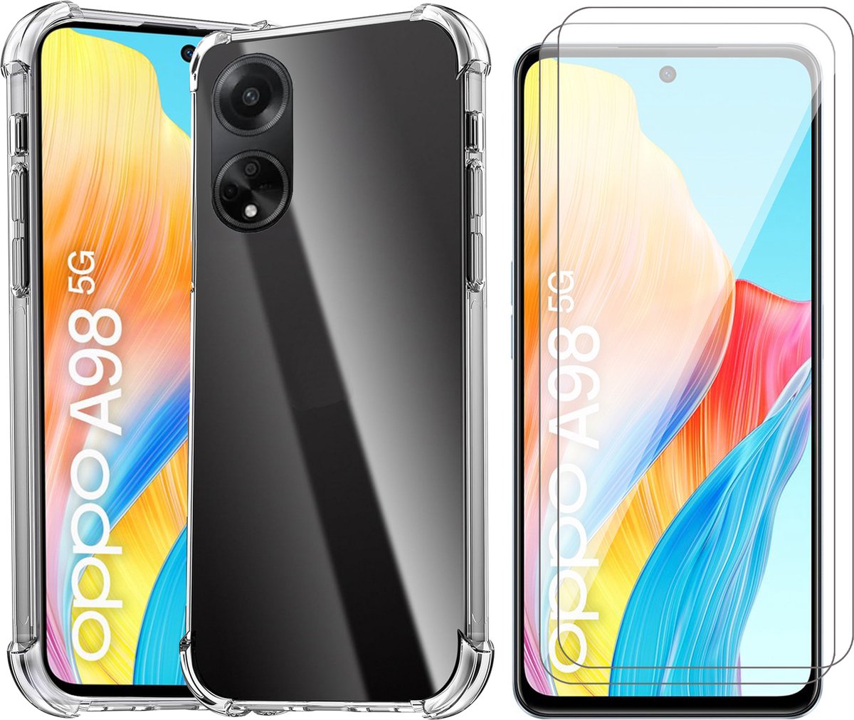 Hoesje geschikt voor Oppo A98 - 2x Screenprotector Glas - Shockproof Transparant