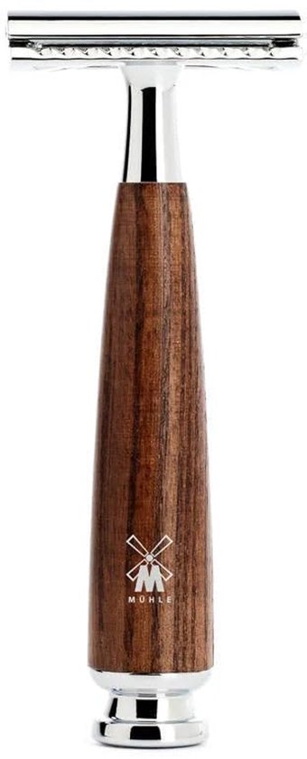 Verchroomd safety razor met een donkerhouten handvat en zilverkleurig Mühle logo.