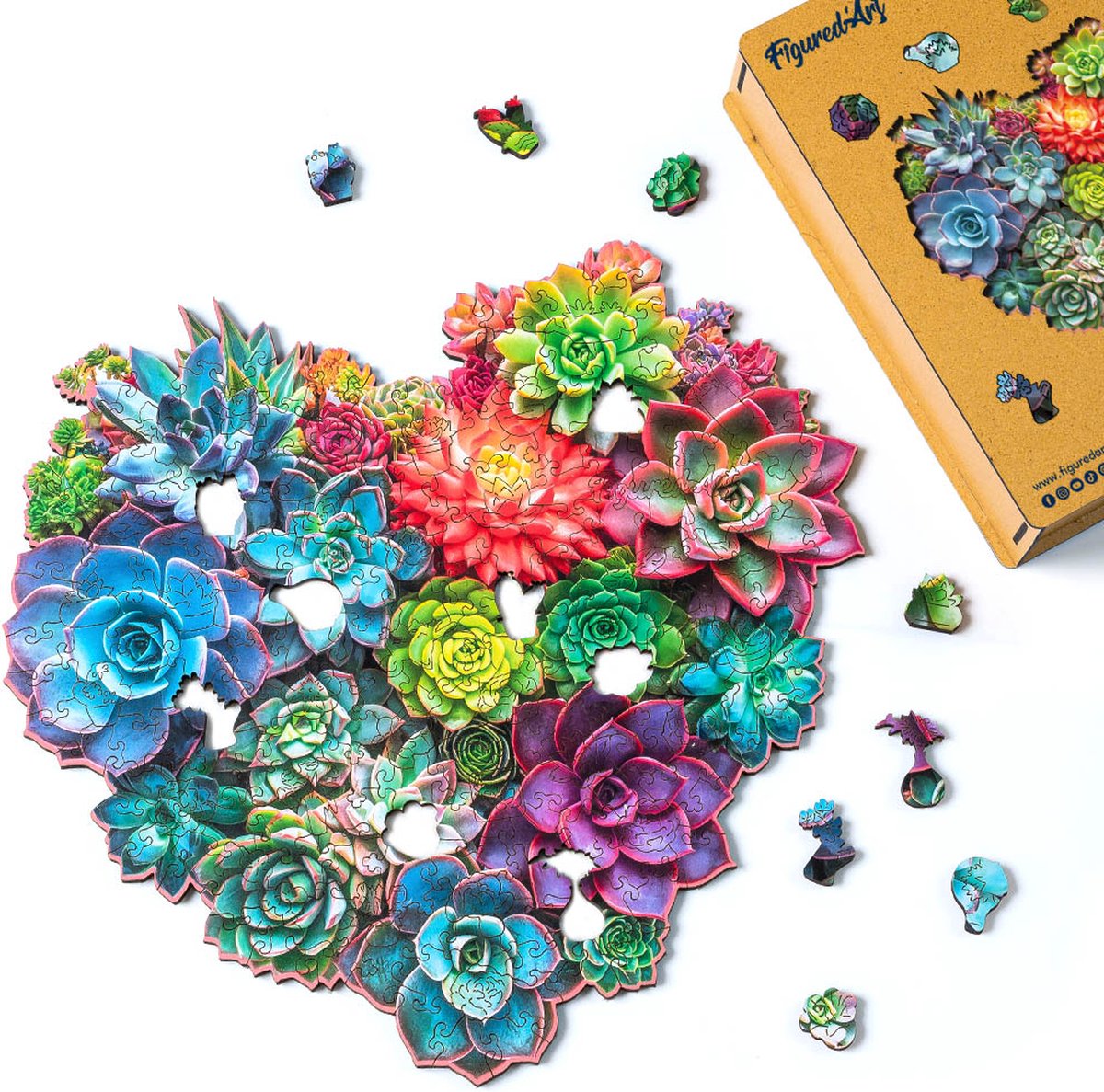 Figured'Art Houten Puzzel 200 Stukjes Volwassenen en Kinderen - Hart van Vetplanten - Uniek Design 29x27,8 cm met Premium Houten Doos, Perfect als Cadeau