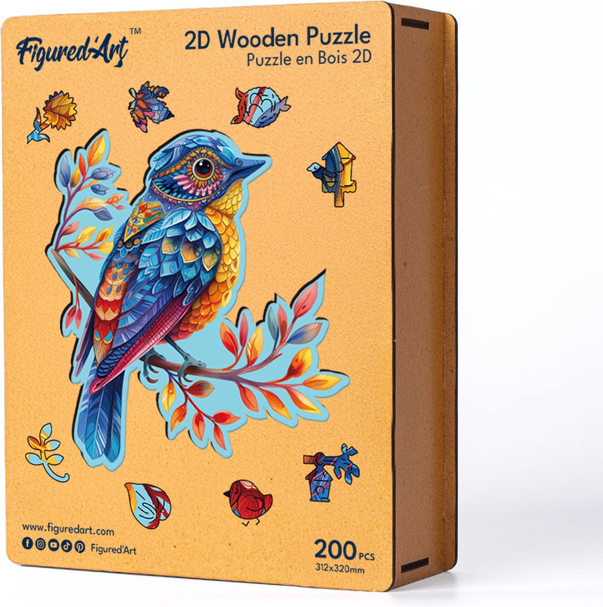 Figured'Art Houten Puzzel 200 Stukjes Volwassenen en Kinderen - Dieren - Blauwe Vogel op de Tak - Uniek Design 31,2x32 cm met Premium Houten Doos, Perfect als Cadeau — cadeau in Spellen & Speelgoed - foto 6