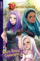 Manga cover met drie Disney Descendants meisjes: Mal met paars haar, Evie met blauw haar, en een derde meisje met blond haar. Tekst: "Disney Descendants Mal's Royal Challenge".
