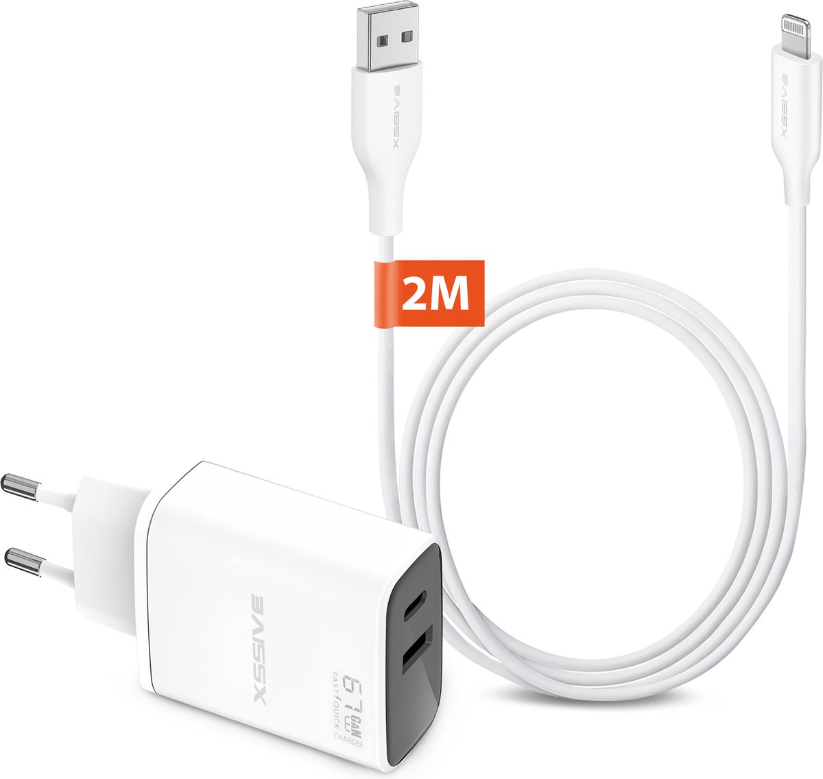 Oplader + Kabel - Geschikt voor iPhone - Oplaadstekker met Kabel 2 Meter - USB-C Adapter Snellader - 65W USB-C Stekker - USBC Adapter - usb c oplader - usb c stekker