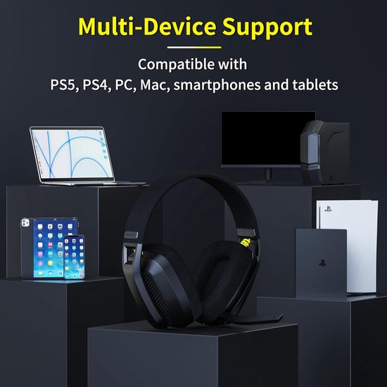 Zwarte gaming headset met gele accenten, compatibel met PS5, PS4, PC, Mac, smartphones en tablets.