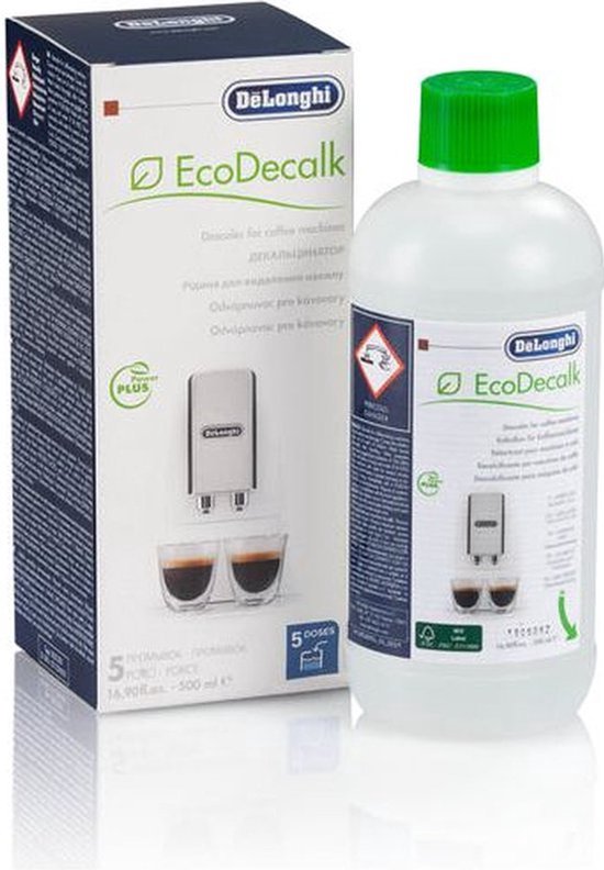 Doos en fles De'Longhi EcoDecalk ontkalker, met afbeelding van koffiemachine en espresso.