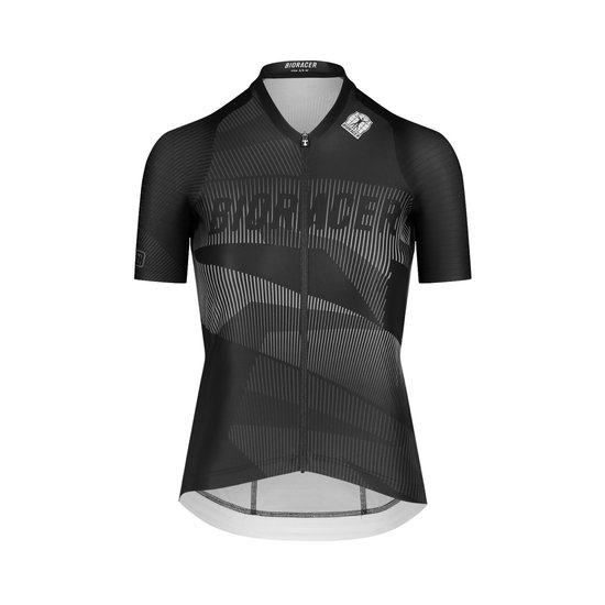 Zwart damesfietsshirt met korte mouwen, grafisch patroon en 'BIORACER' logo op de borst.