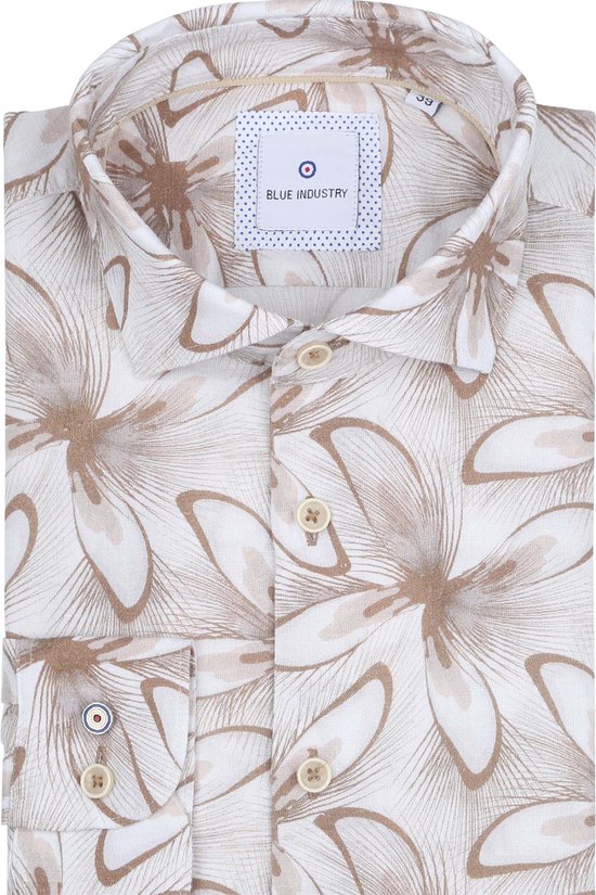 Blue Industry Overhemd Linnen Print Beige - Maat 39 - Heren - Overhemden Casual