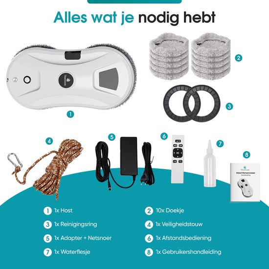 Robotruitenreiniger van TibaGoods, inclusief 10 pads, reinigingsringen, adapter, veiligheidstouw, afstandsbediening, sprayfles en handleiding.