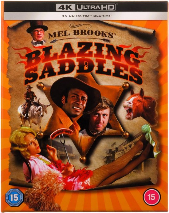 Voorzijde Blu-ray hoes van Mel Brooks' Blazing Saddles, met beelden van de hoofdrolspelers en een paard.