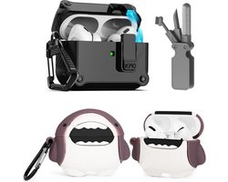 Beschermende grappige schattige haai hoes compatibel met Apple Airpods Pro - reinigingsset en sleutelhanger - 3-in-1 - 2e/1e generatie